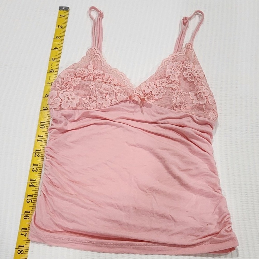 Vintage Y2K Pink Lace Trim Cami Top XS Low Cut Ruched Fitted Spaghetti Strap